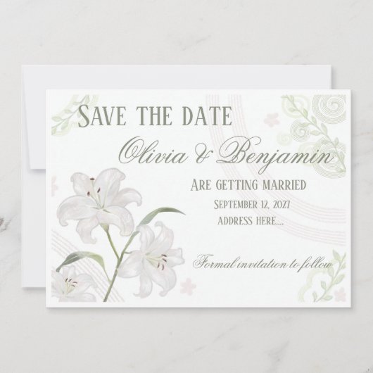 Elegante witte lelie Save the Date kaart | Bewerkb (Voorkant)