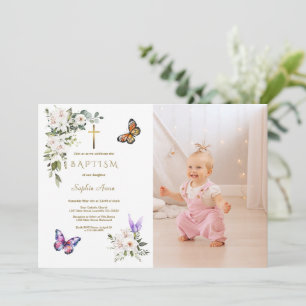 Elegante Witte Lelie Vlinder Meisje Foto Doop Kaart