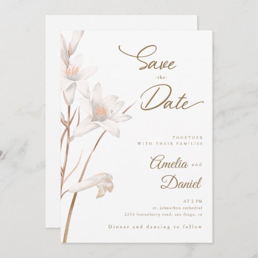 Elegante witte lelies bruiloft Save the Date Kaart (Voorkant / Achterkant)