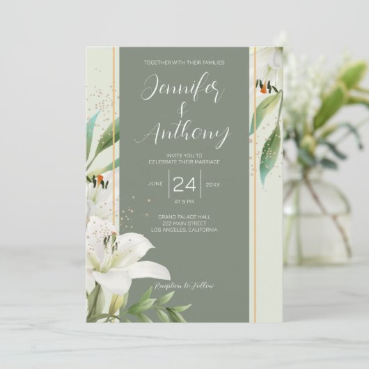 Elegante witte lelies bruiloft uitnodiging (Staand voorkant)