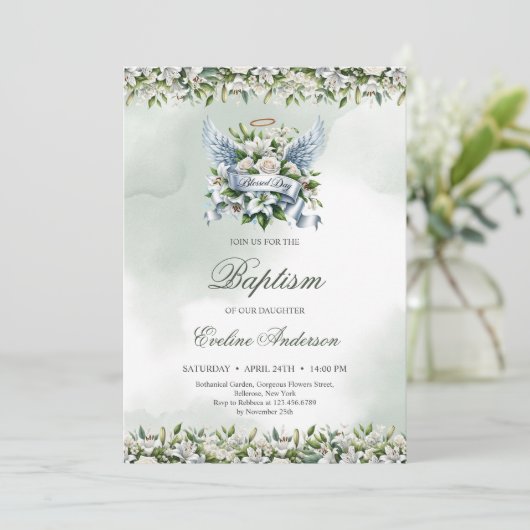 Elegante witte lelies en rozen Gezegende dag Doop Kaart (Staand voorkant)