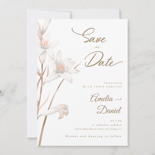 Elegante witte lelies trouwen Save the Date Kaart (Voorkant)