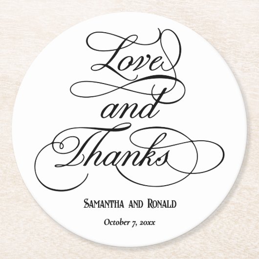 Elegante witte liefde en Bedankt bruiloft Ronde Kartonnen Onderzetter (Voorkant)