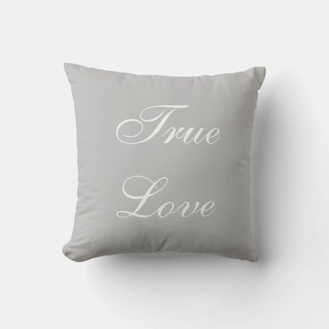 Elegante witte liefdescalligrafie op zilvergrijs kussen (Voorkant)