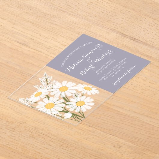 Elegante witte madeliefjes boeket bruiloft lavende acryl uitnodigingen (Laagn)