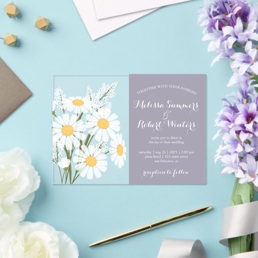 Elegante witte madeliefjes boeket bruiloft lavende acryl uitnodigingen (Insitu (Huwelijk))