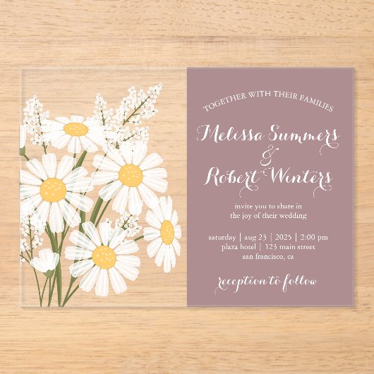 Elegante witte madeliefjes boeket bruiloft Rosy Br Acryl Uitnodigingen (Voorkant)