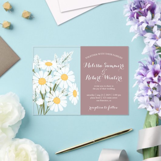 Elegante witte madeliefjes boeket bruiloft Rosy Br Acryl Uitnodigingen (Insitu (Huwelijk))