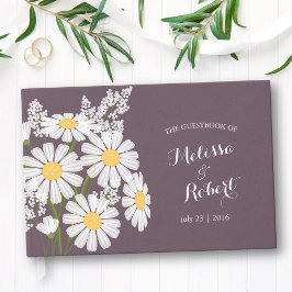 Elegante witte madeliefjes bruiloft donker Paarse Gastenboek