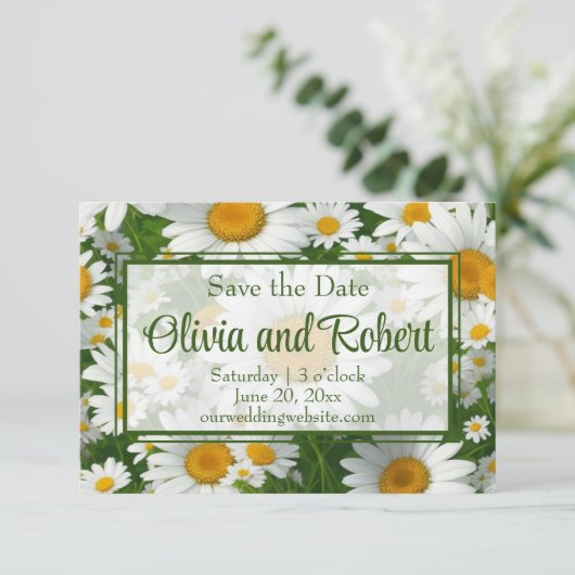 Elegante witte madeliefjes witte bloemenvelden gro save the date (Staand voorkant)