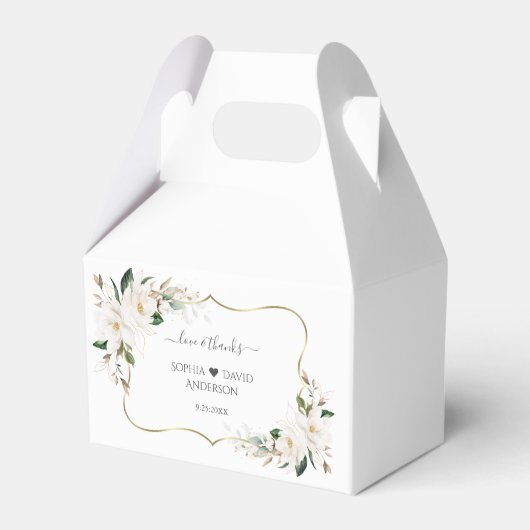 Elegante witte magnolia bloemen gouden bruiloft   bedankdoosjes (Voorkant Zijde)