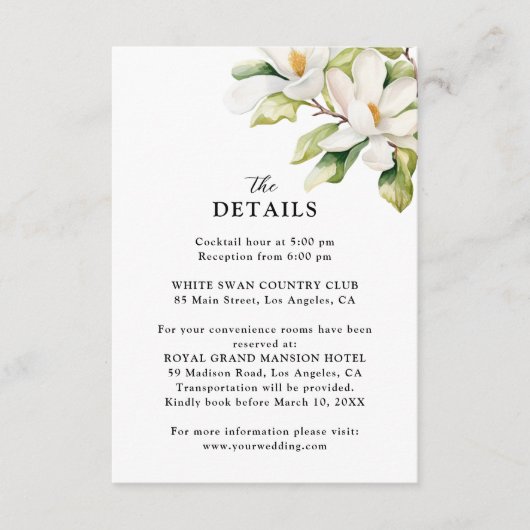 Elegante Witte Magnolia Bloemen Trouwdetails Informatiekaartje (Voorkant)