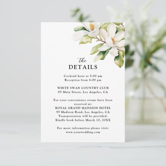 Elegante Witte Magnolia Bloemen Trouwdetails Informatiekaartje (Staand voorkant)