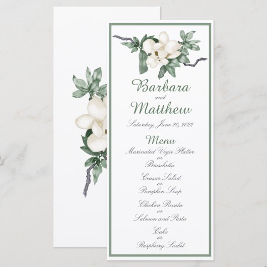 Elegante witte Magnolia Blossom Receptie Menu (Voorkant / Achterkant)