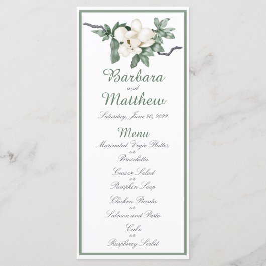 Elegante witte Magnolia Blossom Receptie Menu (Voorkant)