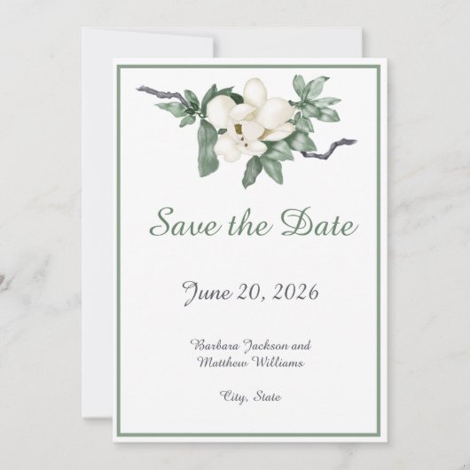 Elegante witte Magnolia Blossom Save The Date (Voorkant)