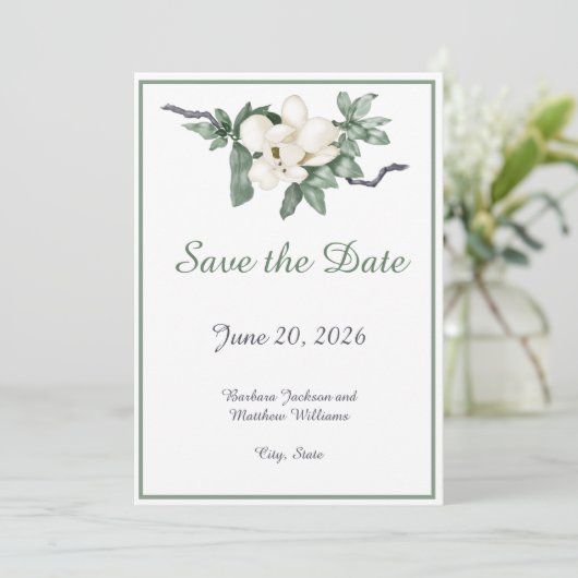 Elegante witte Magnolia Blossom Save The Date (Staand voorkant)