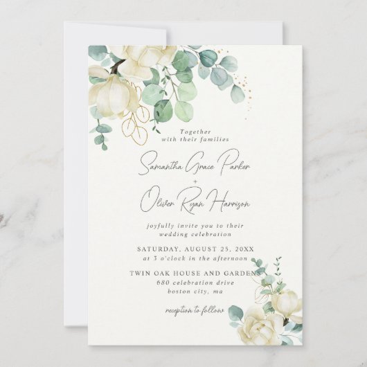 Elegante witte Magnolia Eucalyptus Boeket Bruiloft Kaart (Voorkant)