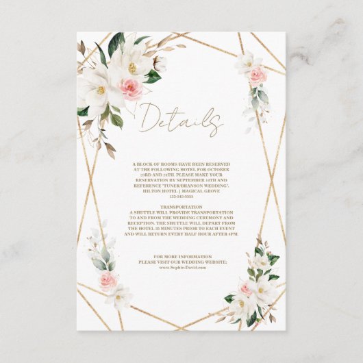 Elegante witte Magnolia gouden bruiloft details Informatiekaartje (Voorkant)