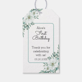 Elegante witte Magnolia groen Flora 1e verjaardag Cadeaulabel