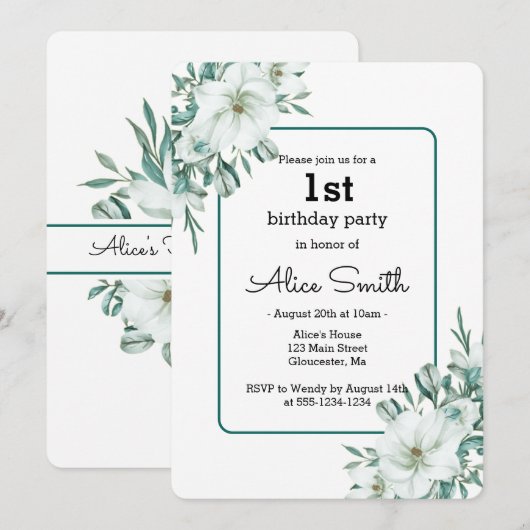 Elegante witte Magnolia groen Flora 1e verjaardag Kaart (Voorkant / Achterkant)
