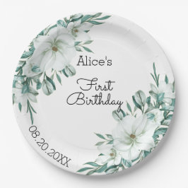 Elegante witte Magnolia groen Flora 1e verjaardag Papieren Bordje
