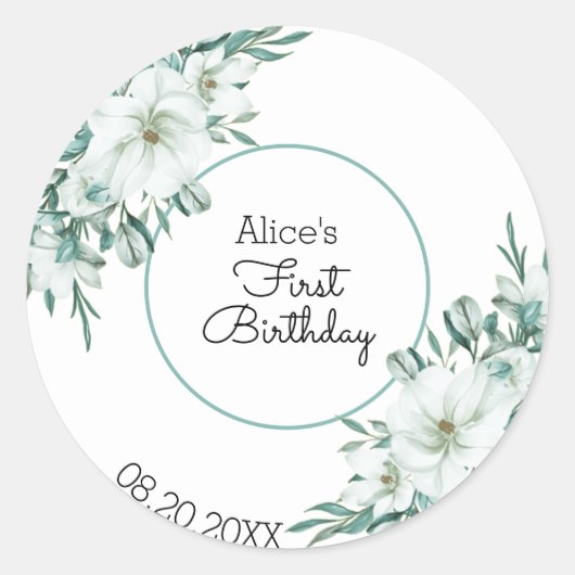 Elegante witte Magnolia groen Flora 1e verjaardag Ronde Sticker (Voorkant)