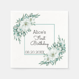 Elegante witte Magnolia groen Flora 1e verjaardag Servet