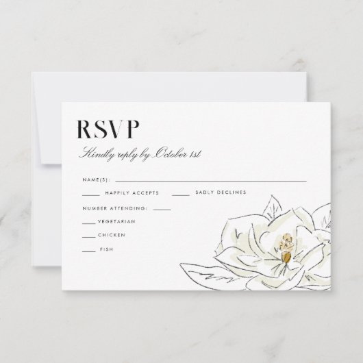 Elegante Witte Magnolia Illustratie Bruiloft RSVP (Voorkant)