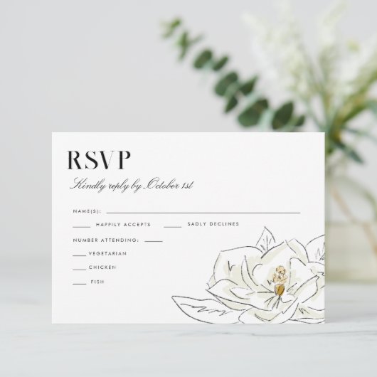 Elegante Witte Magnolia Illustratie Bruiloft RSVP (Staand voorkant)