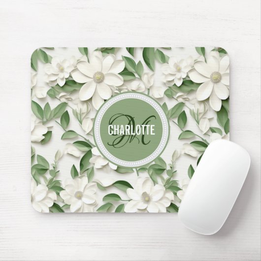Elegante witte magnolia monogrammed naam muismat (Met muis)