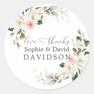 Elegante witte magnolia roze bloemige trouw  ronde sticker