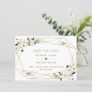 Elegante witte magnolia roze gouden bruiloft save the date
