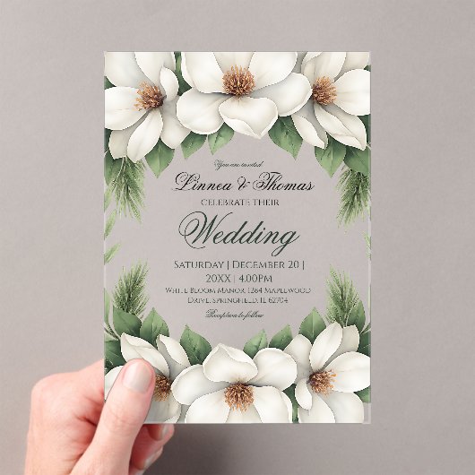 Elegante Witte Magnolia Wedding Pine Tree Lijst Acryl Uitnodigingen (Insitu (Draagbaar))