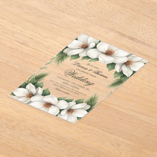 Elegante Witte Magnolia Wedding Pine Tree Lijst Acryl Uitnodigingen (Laagn)