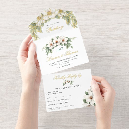 Elegante Witte Magnolia Wedding Pine Tree Lijst All In One Uitnodiging (Uittrekbaar)