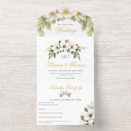 Elegante Witte Magnolia Wedding Pine Tree Lijst All In One Uitnodiging (Binnenkant)
