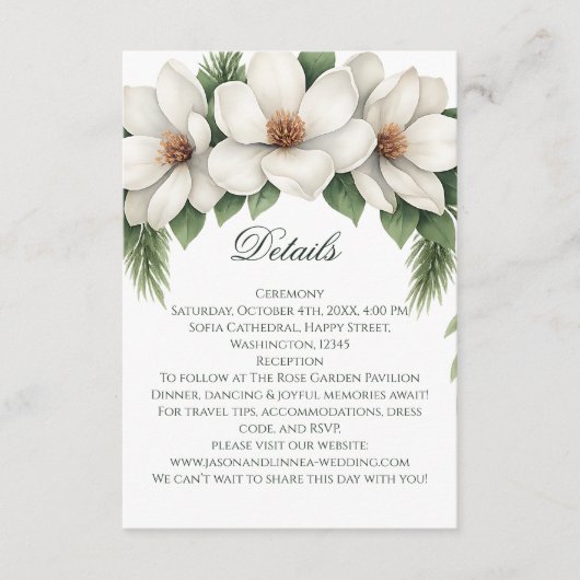 Elegante Witte Magnolia Wedding Pine Tree Lijst Informatiekaartje (Voorkant)