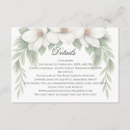 Elegante Witte Magnolia Wedding Pine Tree Lijst Informatiekaartje (Voorkant)