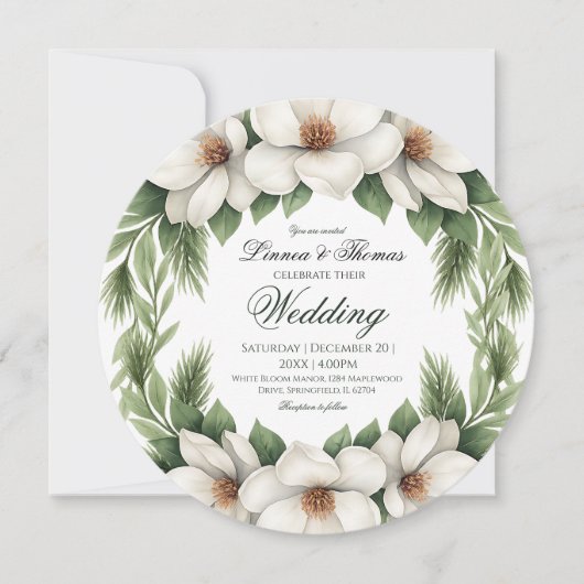 Elegante Witte Magnolia Wedding Pine Tree Lijst Kaart (Voorkant)
