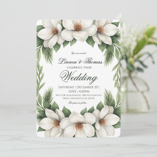 Elegante Witte Magnolia Wedding Pine Tree Lijst Kaart (Staand voorkant)