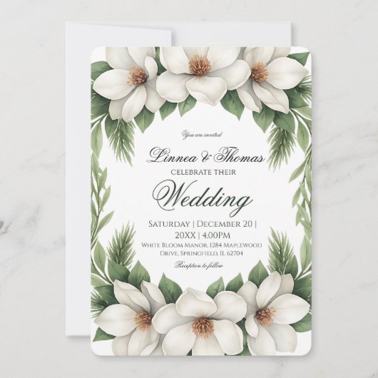 Elegante Witte Magnolia Wedding Pine Tree Lijst Kaart (Voorkant)