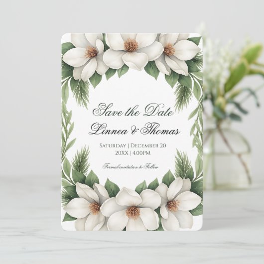 Elegante Witte Magnolia Wedding Pine Tree Lijst Save The Date (Staand voorkant)