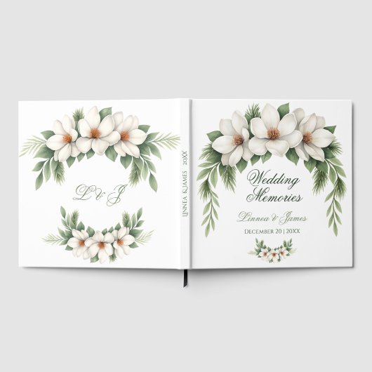 Elegante Witte Magnolia Winter Wedding Pine Tree Gastenboek (Volledig)