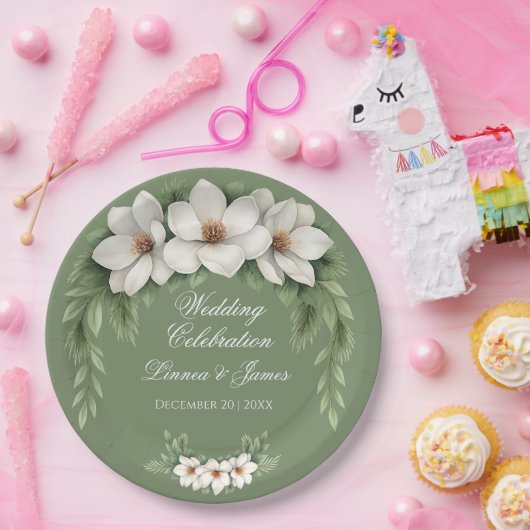 Elegante Witte Magnolia Winter Wedding Pine Tree Papieren Bordje (Feest)