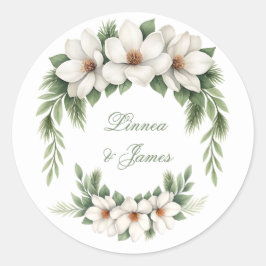 Elegante Witte Magnolia Winter Wedding Pine Tree Ronde Sticker