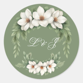 Elegante Witte Magnolia Winter Wedding Pine Tree Ronde Sticker