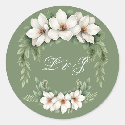 Elegante Witte Magnolia Winter Wedding Pine Tree Ronde Sticker (Voorkant)
