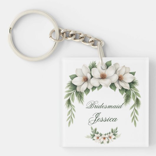 Elegante Witte Magnolia Winter Wedding Pine Tree Sleutelhanger (voorkant)