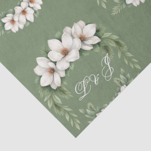 Elegante Witte Magnolia Winter Wedding Pine Tree Tissuepapier (Detail)